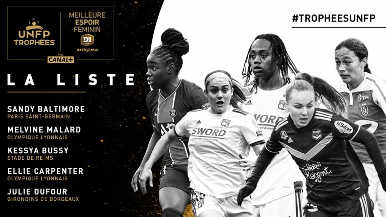 Melvine Malard et Ellie Carpenter de Lyon, Julie Dufour de Bordeaux, Kessya Bussy de Reims et Sandy Baltimore de Paris sont les nominées pour le trophée UNFP de meilleure espoir en D1.