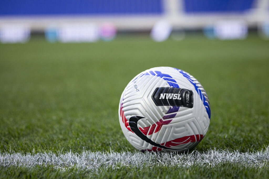 HARRISON, NEW JERSEY - MARCH 15: The new 2024 NWSL game ball is seen on the pitch at the start of the 2024 NWSL Challenge Cup game between San Diego Wave FC and NJ/NY Gotham FC at Red Bull Arena on March 15, 2024 in Harrison, New Jersey. (Photo by Ira L. Black - Corbis/Getty Images)