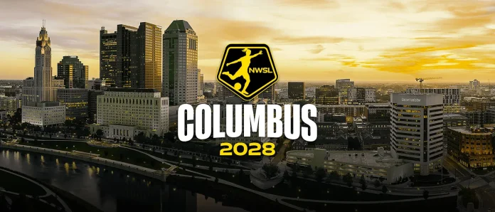 Illustration de la ville de Colombus dans l'Ohio avec le logo de la NWSL en jaune pour annoncer l'arrivée de cette nouvelle franchise en 2028