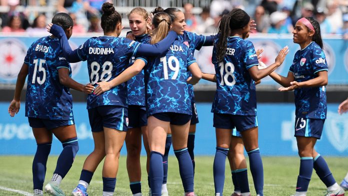 équipe de San Diego Wave qui célèbre un but face à Portland